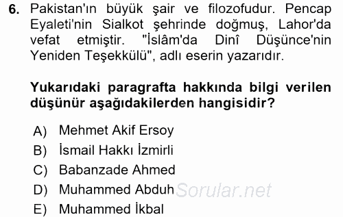 İslam Düşünce Tarihi 2017 - 2018 Dönem Sonu Sınavı 6.Soru