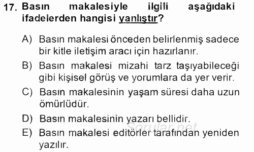 Halkla İlişkiler Uygulamaları ve Örnek Olaylar 2013 - 2014 Dönem Sonu Sınavı 17.Soru