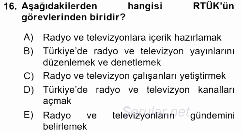 Radyo ve Televizyon Programcılığının Temel Kavramları 2016 - 2017 Ara Sınavı 16.Soru