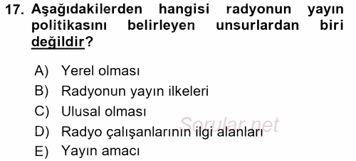 Radyo ve Televizyon Programcılığının Temel Kavramları 2016 - 2017 Ara Sınavı 17.Soru
