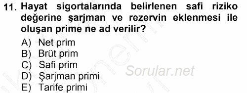 Hayat Sigortaları Ve Bireysel Emeklilik Sistemi 2012 - 2013 Dönem Sonu Sınavı 11.Soru