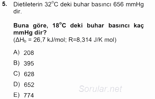 Genel Kimya 2 2013 - 2014 Tek Ders Sınavı 5.Soru