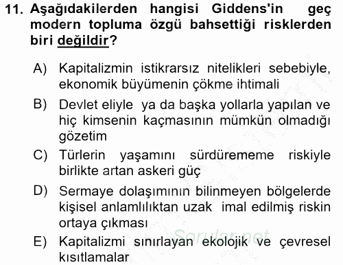 Sosyolojide Yakın Dönem Gelişmeler 2016 - 2017 Ara Sınavı 11.Soru