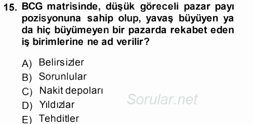Stratejik Yönetim 2013 - 2014 Dönem Sonu Sınavı 15.Soru