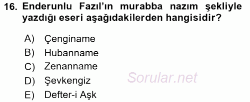 XVIII. Yüzyıl Türk Edebiyatı 2015 - 2016 Tek Ders Sınavı 16.Soru