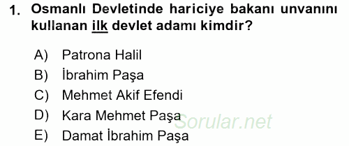 Diplomasi Tarihi 2015 - 2016 Tek Ders Sınavı 1.Soru