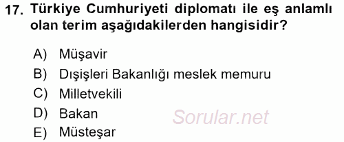 Diplomasi Tarihi 2015 - 2016 Tek Ders Sınavı 17.Soru