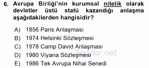 Diplomasi Tarihi 2015 - 2016 Tek Ders Sınavı 6.Soru