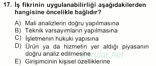 İş Planı 2012 - 2013 Dönem Sonu Sınavı 17.Soru