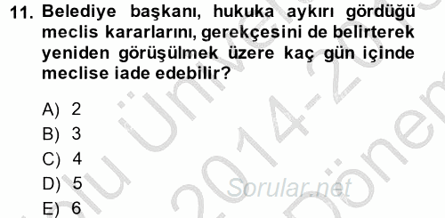 Mahalli İdareler Maliyesi 2014 - 2015 Dönem Sonu Sınavı 11.Soru