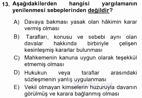 Medeni Usul Hukuku 2015 - 2016 Tek Ders Sınavı 13.Soru
