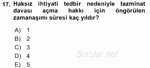 Medeni Usul Hukuku 2015 - 2016 Tek Ders Sınavı 17.Soru