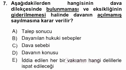 Medeni Usul Hukuku 2015 - 2016 Tek Ders Sınavı 7.Soru