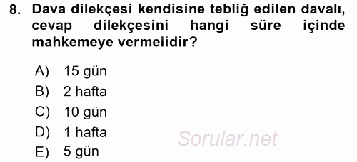 Medeni Usul Hukuku 2015 - 2016 Tek Ders Sınavı 8.Soru