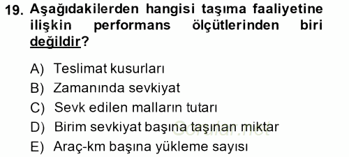 Lojistik Maliyetleri ve Raporlama 2 2014 - 2015 Tek Ders Sınavı 19.Soru