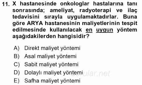 Sağlık Kurumlarında Maliyet Yönetimi 2015 - 2016 Ara Sınavı 11.Soru