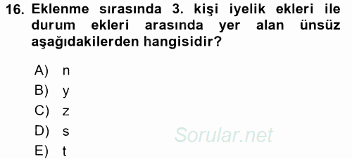 Türkçe Ses Bilgisi 2017 - 2018 Ara Sınavı 16.Soru