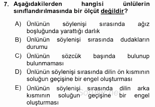 Türkçe Ses Bilgisi 2017 - 2018 Ara Sınavı 7.Soru