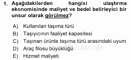 Uluslararası Lojistik 2016 - 2017 Dönem Sonu Sınavı 1.Soru