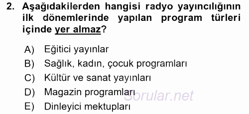 Radyo ve Televizyon Yayıncılığı 2015 - 2016 Dönem Sonu Sınavı 2.Soru