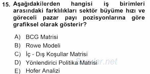 Stratejik Yönetim 2017 - 2018 3 Ders Sınavı 15.Soru