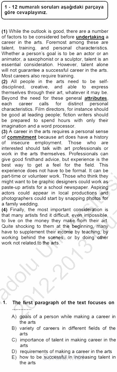 İleri Okuma Ve Yazma Becerileri 1 2012 - 2013 Ara Sınavı 1.Soru