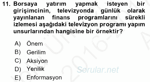 Radyo ve Televizyonda Program Yapımı 2016 - 2017 Ara Sınavı 11.Soru