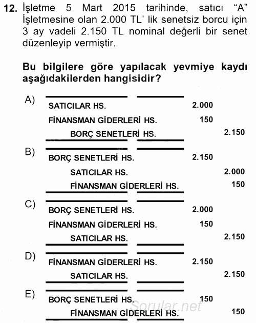 Genel Muhasebe 2 2016 - 2017 3 Ders Sınavı 12.Soru