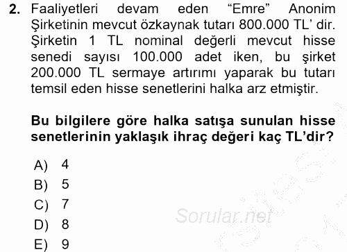 Genel Muhasebe 2 2016 - 2017 3 Ders Sınavı 2.Soru