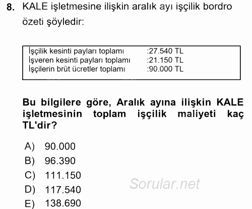 Genel Muhasebe 2 2016 - 2017 3 Ders Sınavı 8.Soru