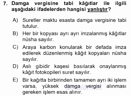 Özel Vergi Hukuku 2 2016 - 2017 Dönem Sonu Sınavı 7.Soru