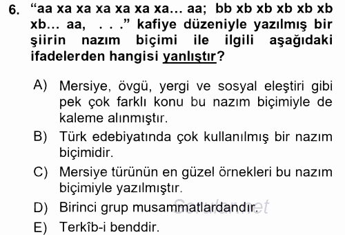 Eski Türk Edebiyatına Giriş: Biçim ve Ölçü 2016 - 2017 Ara Sınavı 6.Soru