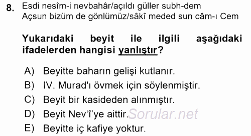 Eski Türk Edebiyatına Giriş: Biçim ve Ölçü 2016 - 2017 Ara Sınavı 8.Soru