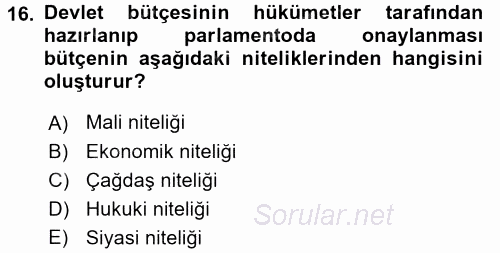 Kamu Maliyesi 2015 - 2016 Tek Ders Sınavı 16.Soru