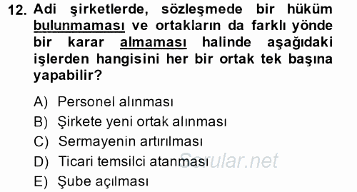 Ticaret Hukuku 1 2014 - 2015 Dönem Sonu Sınavı 12.Soru
