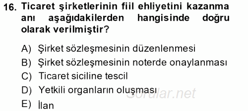 Ticaret Hukuku 1 2014 - 2015 Dönem Sonu Sınavı 16.Soru