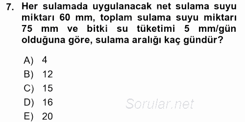 Tarımsal Yapılar ve Sulama 2016 - 2017 Dönem Sonu Sınavı 7.Soru