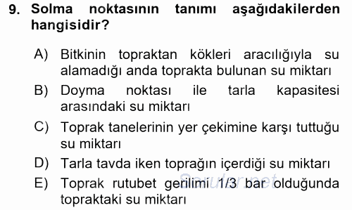 Tarımsal Yapılar ve Sulama 2016 - 2017 Dönem Sonu Sınavı 9.Soru