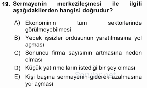 İktisadi Düşünceler Tarihi 2017 - 2018 Ara Sınavı 19.Soru