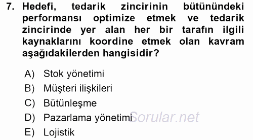Lojistik Yönetimi 2016 - 2017 Dönem Sonu Sınavı 7.Soru