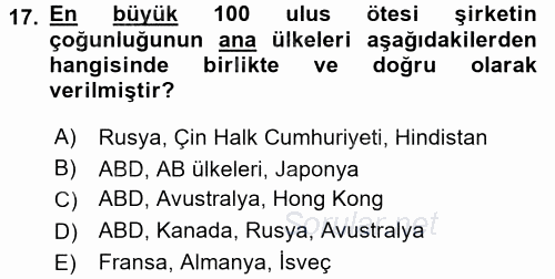 Uluslararası Sosyal Politika 2017 - 2018 3 Ders Sınavı 17.Soru