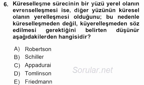 Sosyolojiye Giriş 2015 - 2016 Dönem Sonu Sınavı 6.Soru