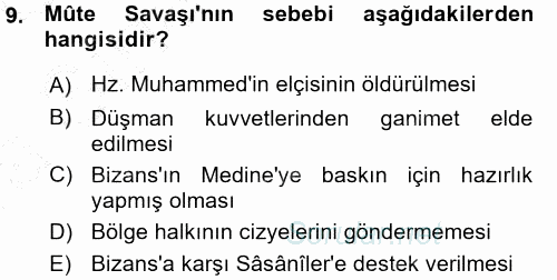 İslam Tarihi ve Medeniyeti 1 2015 - 2016 Ara Sınavı 9.Soru
