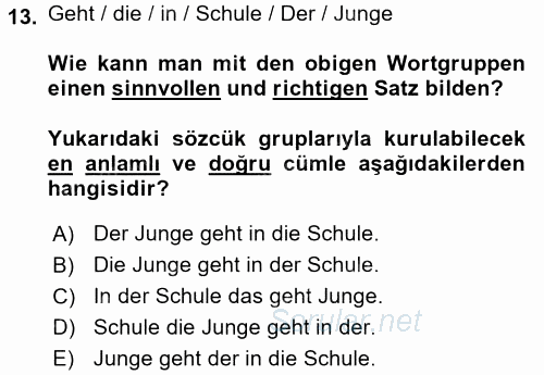 Almanca 1 2017 - 2018 3 Ders Sınavı 13.Soru