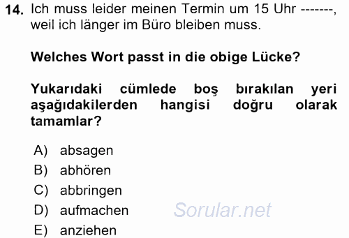 Almanca 1 2017 - 2018 3 Ders Sınavı 14.Soru