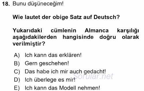 Almanca 1 2017 - 2018 3 Ders Sınavı 18.Soru