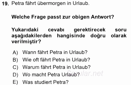 Almanca 1 2017 - 2018 3 Ders Sınavı 19.Soru
