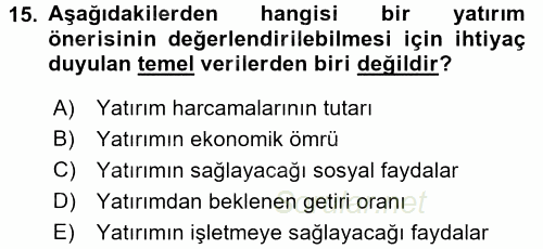 Girişim Finansmanı 2017 - 2018 Ara Sınavı 15.Soru