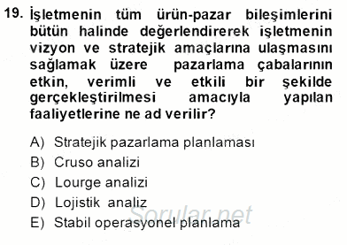 Pazarlama Yönetimi 2014 - 2015 Ara Sınavı 19.Soru