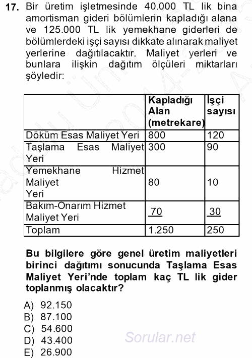 Maliyet Muhasebesi 2014 - 2015 Ara Sınavı 17.Soru